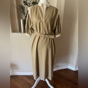 Sasson Raw Silk Beige And Cream Dress Size 8/9  Vintage 80s Sheath Belted EUC